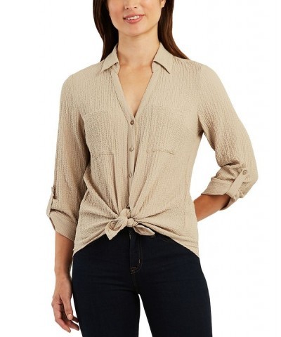 Juniors' Textured Roll-Tab Shirt Sand $22.05 Tops