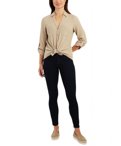 Juniors' Textured Roll-Tab Shirt Sand $22.05 Tops