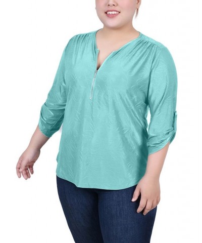 Plus Size 3/4 Roll Tab Zip Front Jacquard Knit Top Bermuda Blue $15.77 Tops