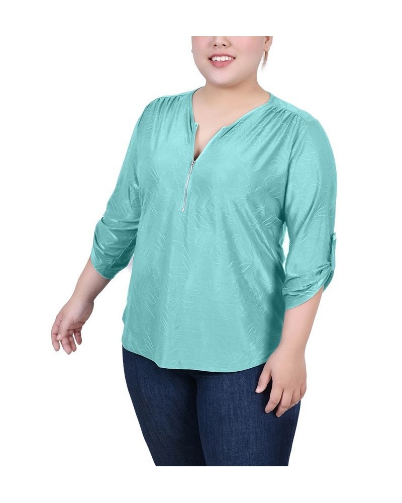 Plus Size 3/4 Roll Tab Zip Front Jacquard Knit Top Bermuda Blue $15.77 Tops