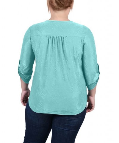 Plus Size 3/4 Roll Tab Zip Front Jacquard Knit Top Bermuda Blue $15.77 Tops