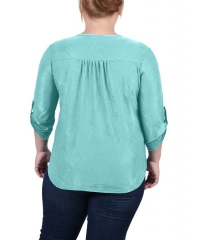 Plus Size 3/4 Roll Tab Zip Front Jacquard Knit Top Bermuda Blue $15.77 Tops