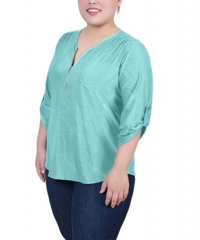 Plus Size 3/4 Roll Tab Zip Front Jacquard Knit Top Bermuda Blue $15.77 Tops