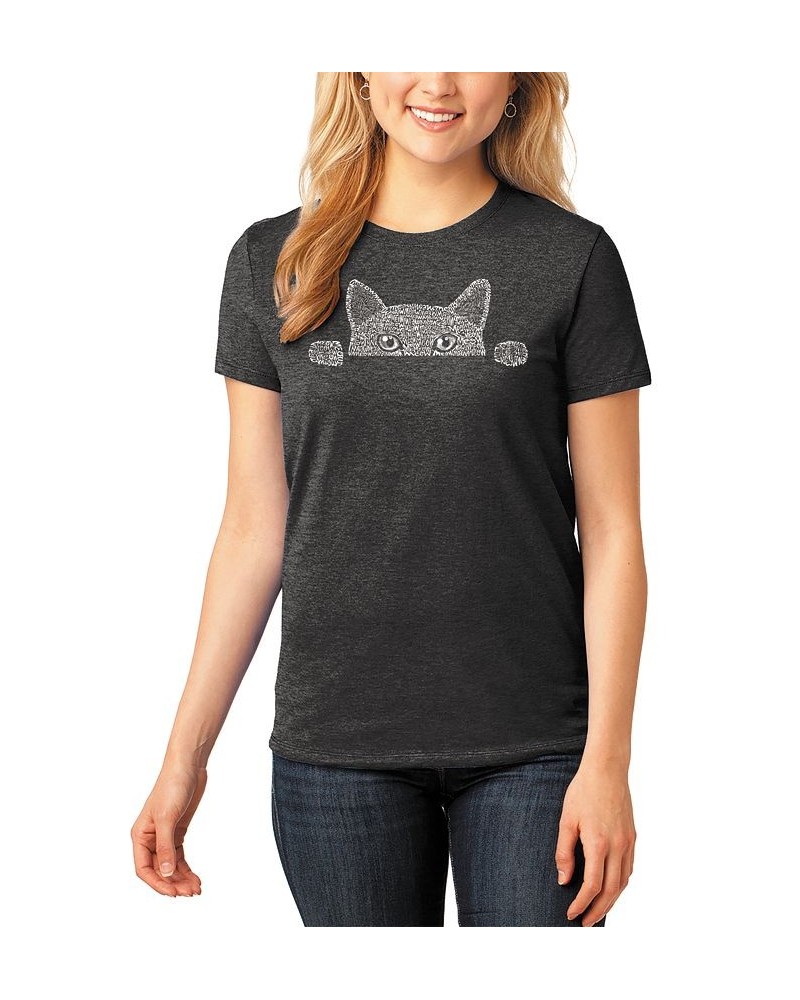 Women's Word Art Peeking Cat T-Shirt Black $17.20 Tops