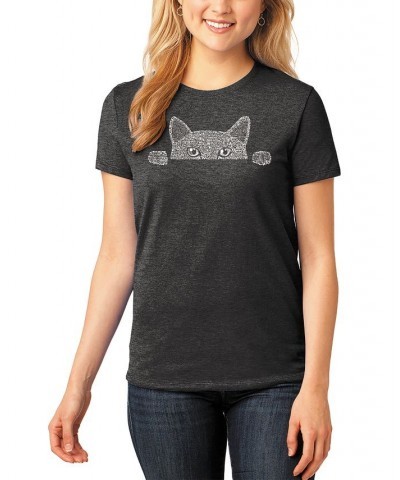 Women's Word Art Peeking Cat T-Shirt Black $17.20 Tops