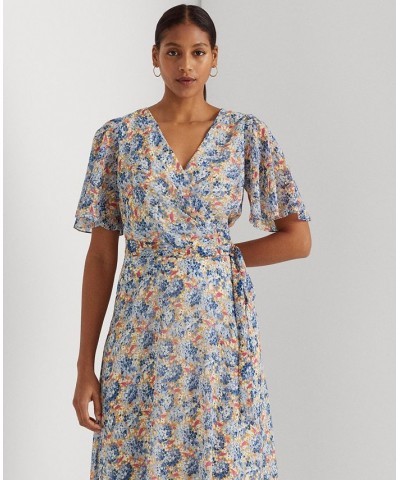 Women's Floral Belted Georgette Dress Blue/Pink Multi $52.70 Dresses