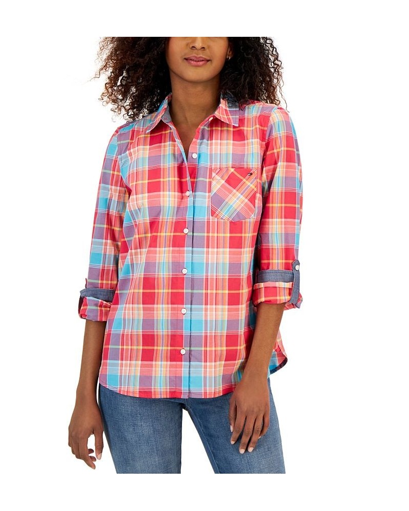 Women's Roll-Tab-Sleeve Boyfriend Shirt Red $35.78 Tops