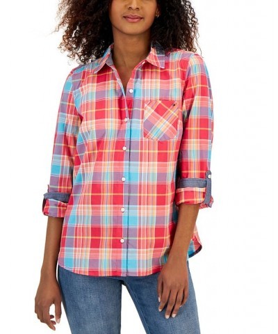 Women's Roll-Tab-Sleeve Boyfriend Shirt Red $35.78 Tops