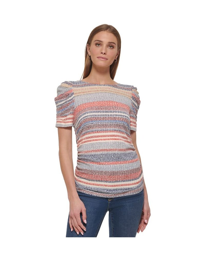 Women's Striped Puffed-Sleeve Pullover Top Navy/red $28.29 Tops