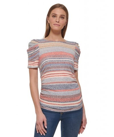 Women's Striped Puffed-Sleeve Pullover Top Navy/red $28.29 Tops