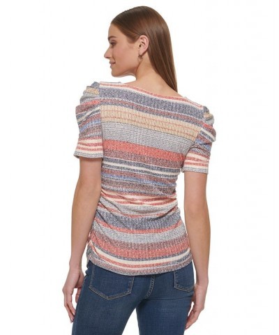 Women's Striped Puffed-Sleeve Pullover Top Navy/red $28.29 Tops