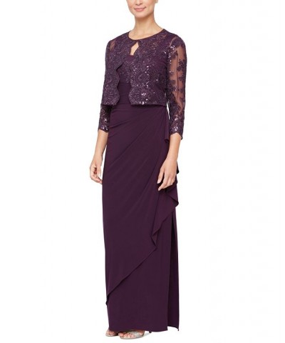 Women's Embroidered Waterfall-Ruffle Dress & Jacket Eggplant $74.70 Dresses