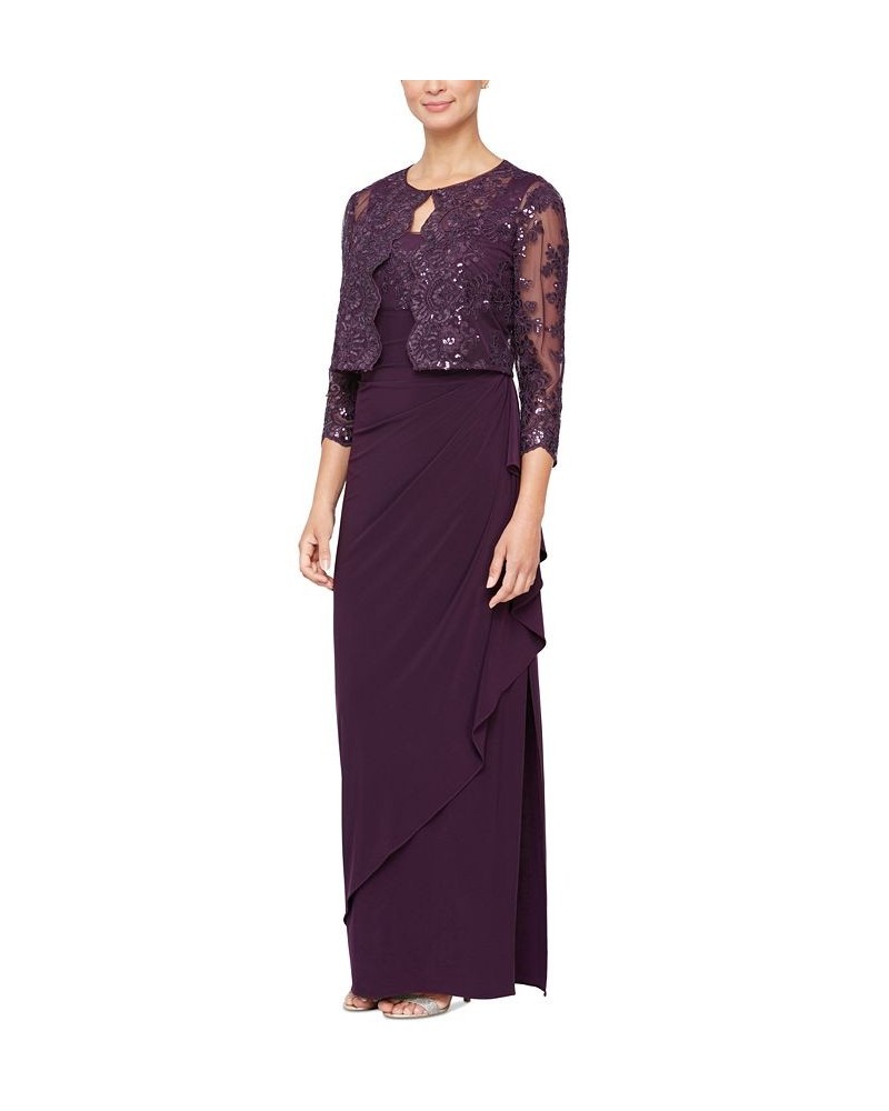 Women's Embroidered Waterfall-Ruffle Dress & Jacket Eggplant $74.70 Dresses