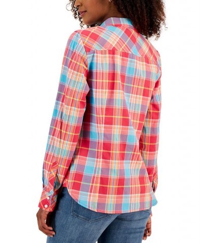 Women's Roll-Tab-Sleeve Boyfriend Shirt Red $35.78 Tops