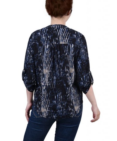 Petite 3/4 Roll Tab Sleeve Printed Pintuck Top Denim Swirlbreeze $14.40 Tops