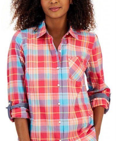 Women's Roll-Tab-Sleeve Boyfriend Shirt Red $35.78 Tops