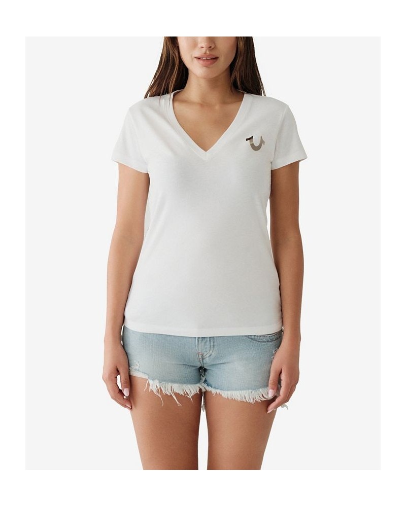 Women's Short Sleeve Buddha V-neck T-shirt White $25.42 Tops