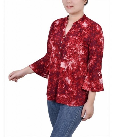 Women's 3/4 Bell Sleeve Pleat Front Y-neck Top Wine Geobreeze $14.18 Tops