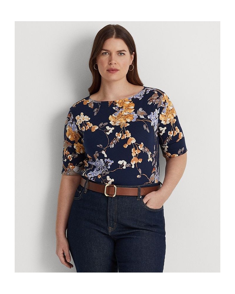 Plus Size Floral Boatneck T-Shirt Navy Multi $36.14 Tops