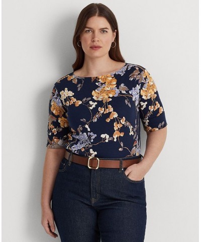 Plus Size Floral Boatneck T-Shirt Navy Multi $36.14 Tops