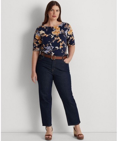 Plus Size Floral Boatneck T-Shirt Navy Multi $36.14 Tops