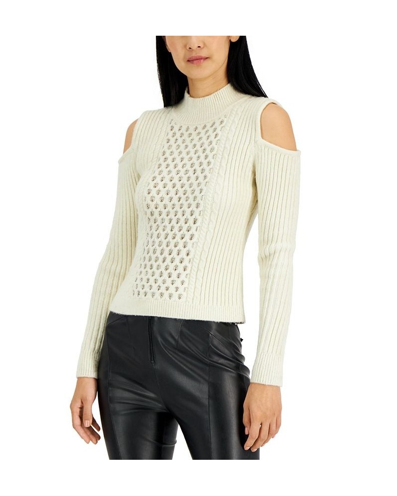 Women's Crystal Chain Cold-Shoulder Sweater Ivory $67.12 Sweaters