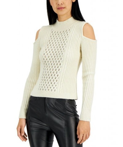 Women's Crystal Chain Cold-Shoulder Sweater Ivory $67.12 Sweaters