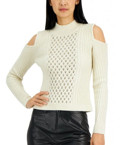 Women's Crystal Chain Cold-Shoulder Sweater Ivory $67.12 Sweaters