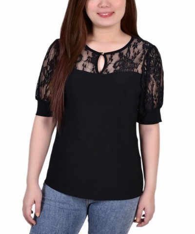 Women's Short Puff Sleeve Top with Lace Sleeves and Yoke Black $17.05 Tops