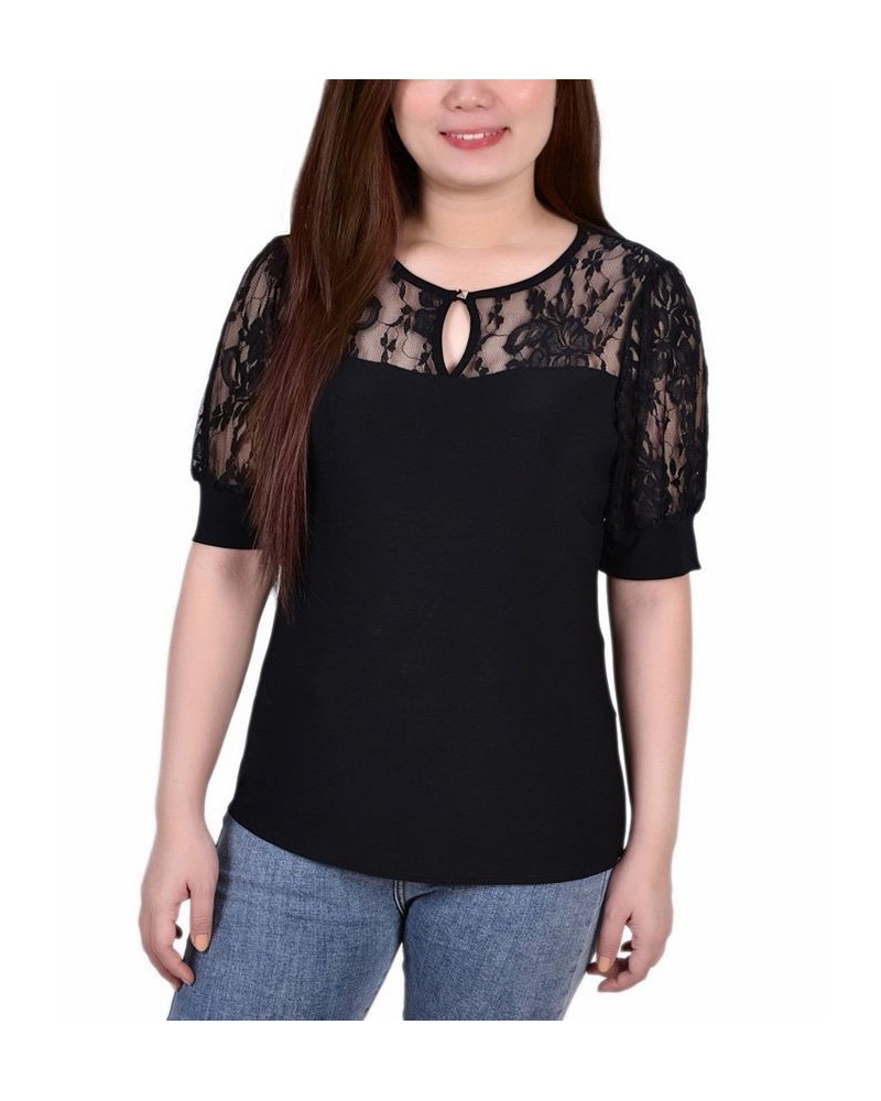 Women's Short Puff Sleeve Top with Lace Sleeves and Yoke Black $17.05 Tops