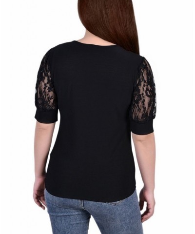 Women's Short Puff Sleeve Top with Lace Sleeves and Yoke Black $17.05 Tops