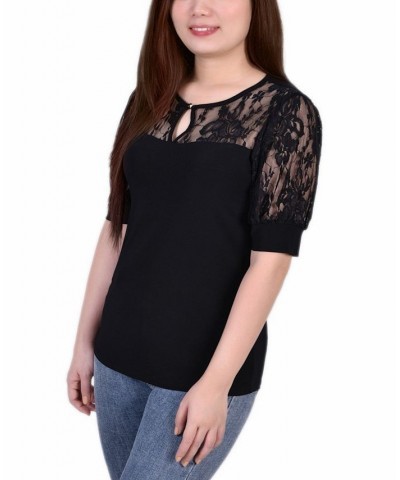 Women's Short Puff Sleeve Top with Lace Sleeves and Yoke Black $17.05 Tops