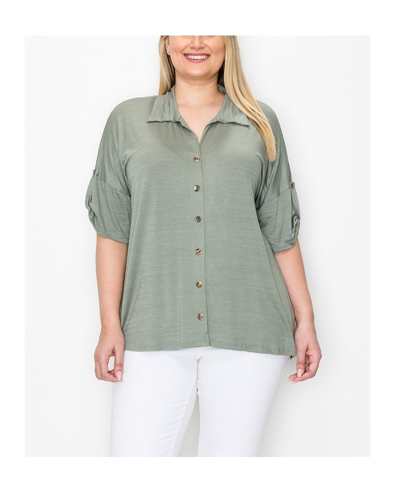 Plus Size Campshirt Rolled Tab Short Sleeve Top Dusty Green $24.51 Tops