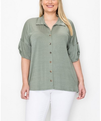 Plus Size Campshirt Rolled Tab Short Sleeve Top Dusty Green $24.51 Tops