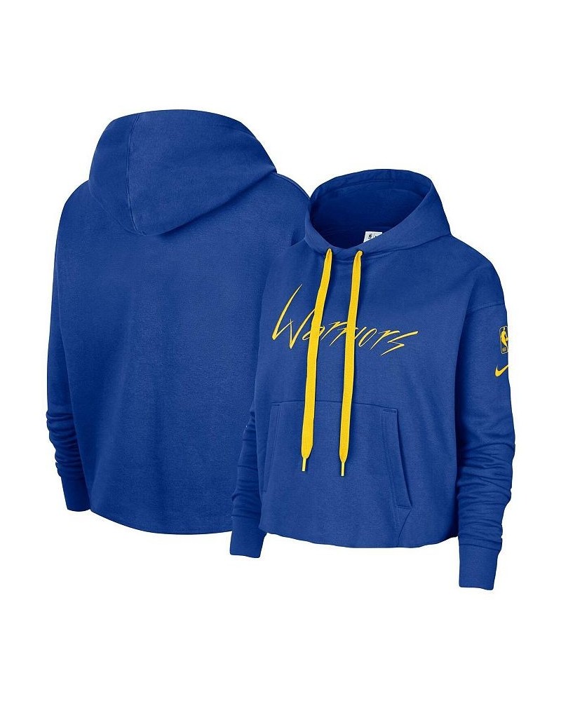 Women's Royal Golden State Warriors Split Flip Courtside Cropped Pullover Hoodie Royal $50.34 Sweatshirts