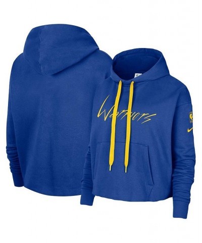 Women's Royal Golden State Warriors Split Flip Courtside Cropped Pullover Hoodie Royal $50.34 Sweatshirts