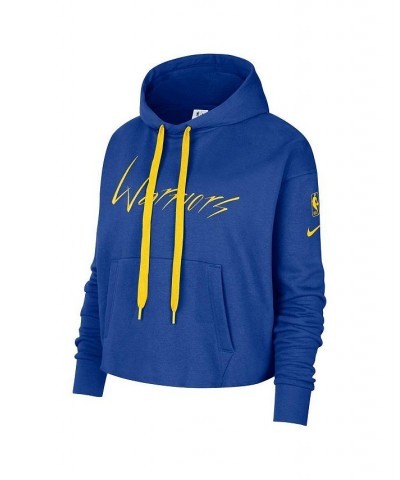 Women's Royal Golden State Warriors Split Flip Courtside Cropped Pullover Hoodie Royal $50.34 Sweatshirts