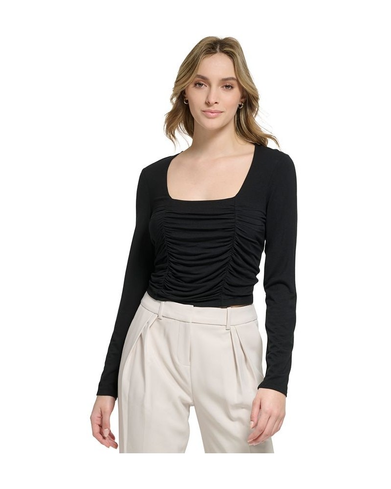 Women's X-Fit Long-Sleeve Ruched-Front Cropped Top Black $32.43 Tops