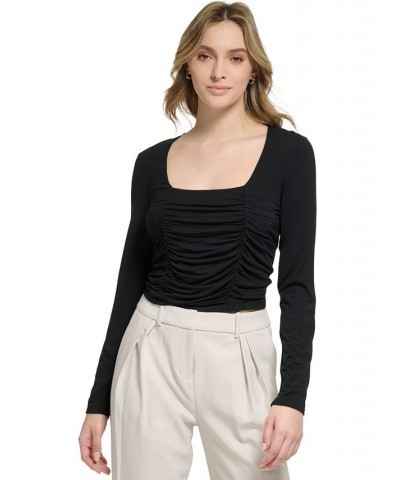 Women's X-Fit Long-Sleeve Ruched-Front Cropped Top Black $32.43 Tops