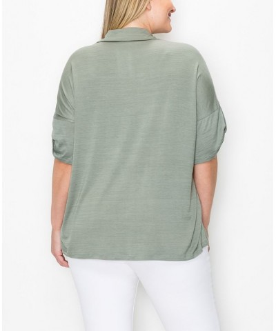 Plus Size Campshirt Rolled Tab Short Sleeve Top Dusty Green $24.51 Tops