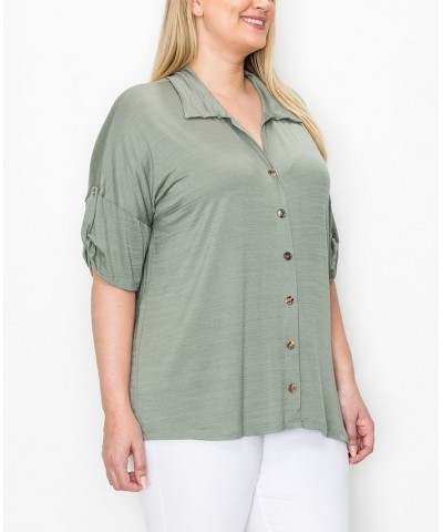 Plus Size Campshirt Rolled Tab Short Sleeve Top Dusty Green $24.51 Tops