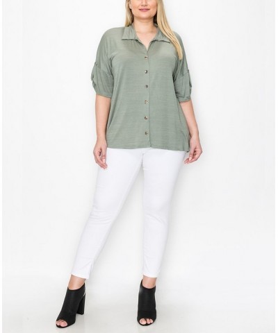 Plus Size Campshirt Rolled Tab Short Sleeve Top Dusty Green $24.51 Tops