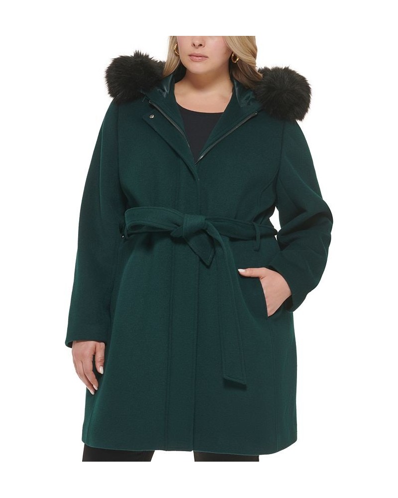 Women's Plus Size Faux-Fur-Trim Hooded Coat Green $116.00 Coats