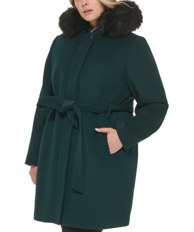 Women's Plus Size Faux-Fur-Trim Hooded Coat Green $116.00 Coats