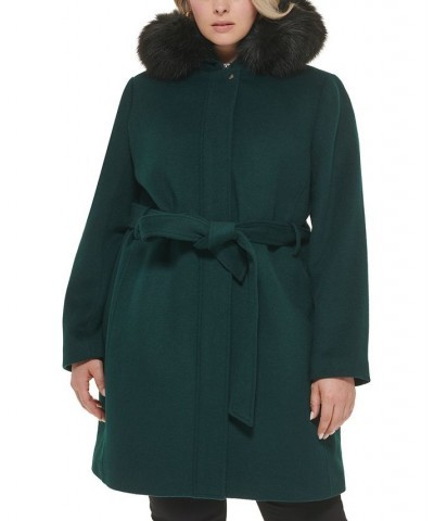 Women's Plus Size Faux-Fur-Trim Hooded Coat Green $116.00 Coats