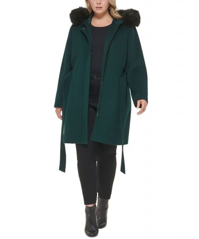 Women's Plus Size Faux-Fur-Trim Hooded Coat Green $116.00 Coats