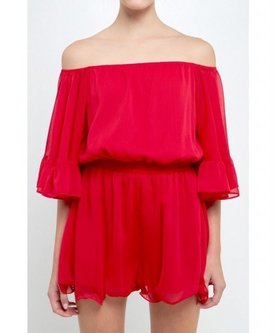 Women's Ruffled Sleeve Romper Red $40.00 Shorts