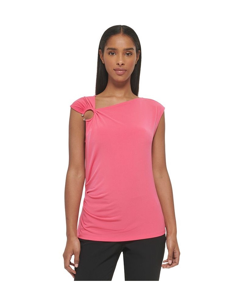 Sleeveless Asymmetrical Neck Ring Hardware Top Pink $28.50 Tops