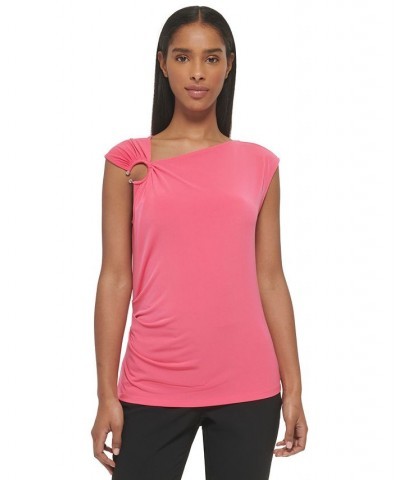 Sleeveless Asymmetrical Neck Ring Hardware Top Pink $28.50 Tops