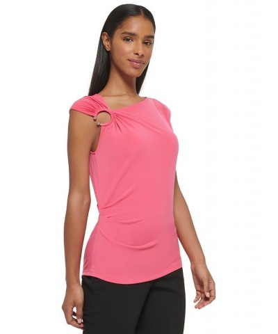 Sleeveless Asymmetrical Neck Ring Hardware Top Pink $28.50 Tops